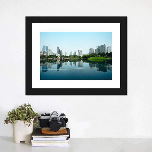 City Reflection In Water Canvas Wall Art-3 Horizontal-Gallery Wrap-25" x 16"-Tiaracle