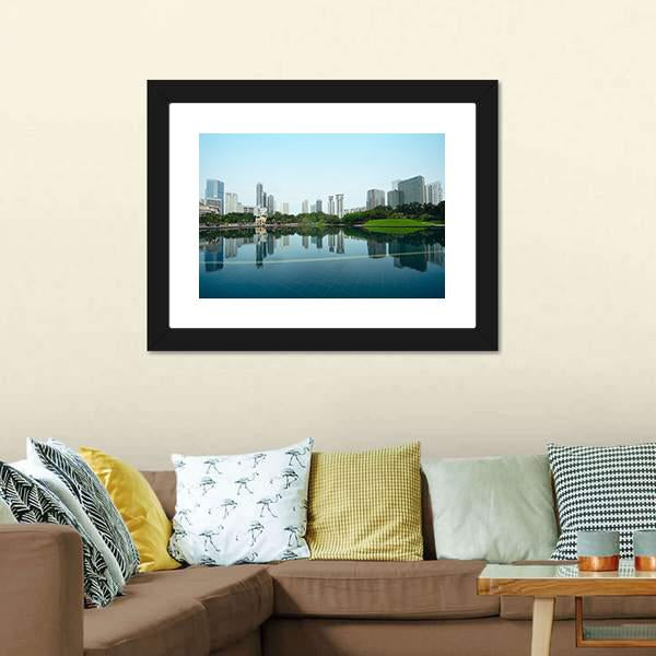 City Reflection In Water Canvas Wall Art-1 Piece-Framed Print-20" x 16"-Tiaracle