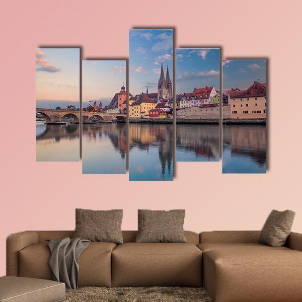 Cityscape Of Regensburg Canvas Wall Art-5 Pop-Gallery Wrap-47" x 32"-Tiaracle