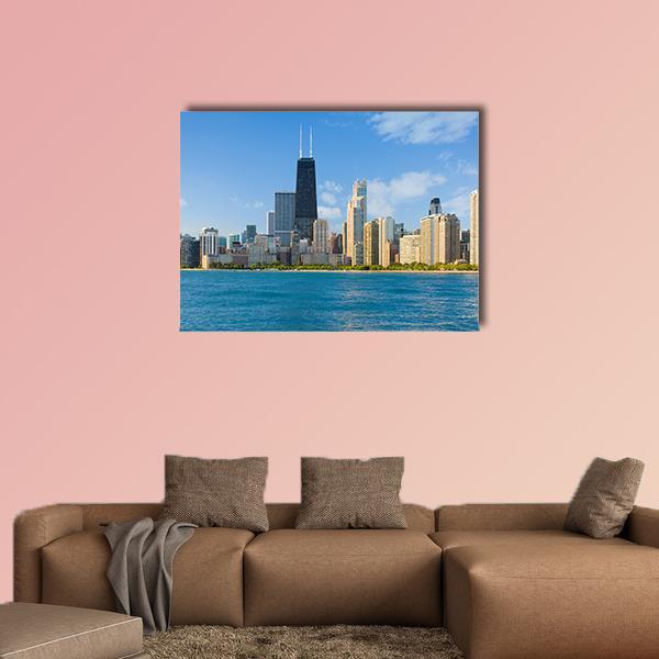 Chicago Skyline with John Hancock Center Canvas Wall Art in beige and blue, single panel hung on a wall