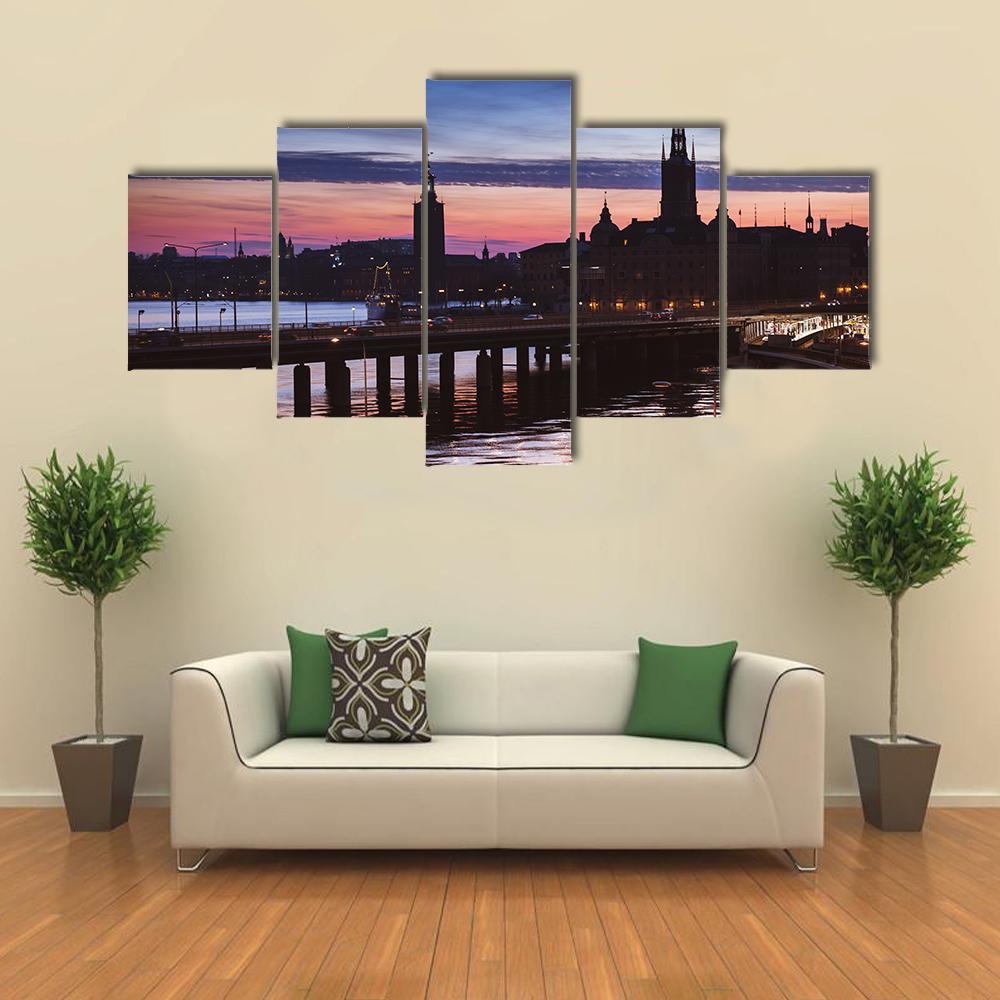 Cityscape Of Gamla Stan City Canvas Wall Art-5 Star-Gallery Wrap-62" x 32"-Tiaracle