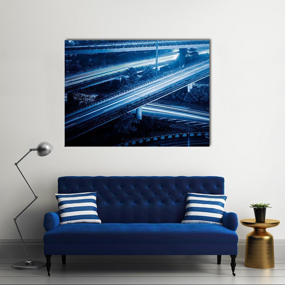 Hangzhou Cityscape at Night Canvas Wall Art in black, blue and navy, single panel hung on a wall
