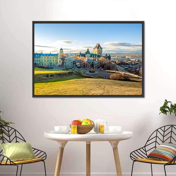 Quebec Cityscape with Rolling Hills Canvas Wall Art in yellow, green and blue, framed canvas, product view on a white background
