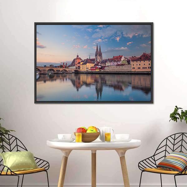 Regensburg Cityscape Canvas Wall Art in brown, orange and blue, framed canvas, product view on a white background