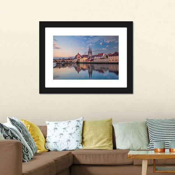 Cityscape Of Regensburg Canvas Wall Art-1 Piece-Framed Print-20" x 16"-Tiaracle