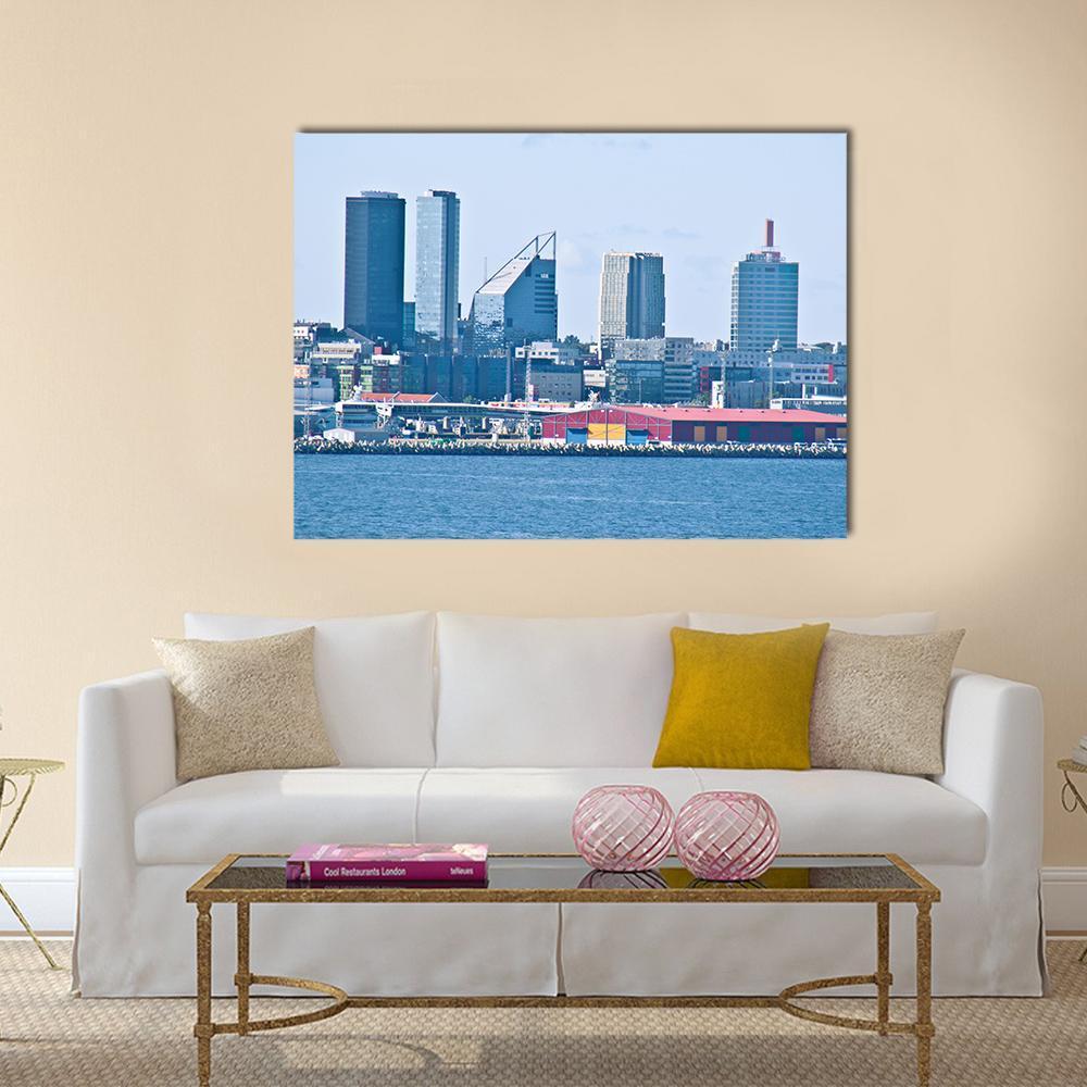 Tallinn Cityscape Canvas Wall Art in gray and blue, single panel hung on a wall