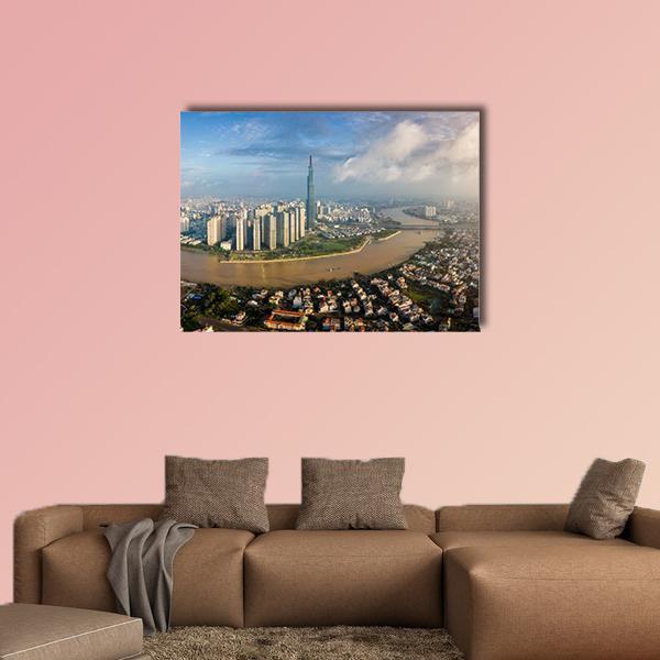 Ho Chi Minh City River Skyline Canvas Wall Art in gray, brown and blue, single panel hung on a wall