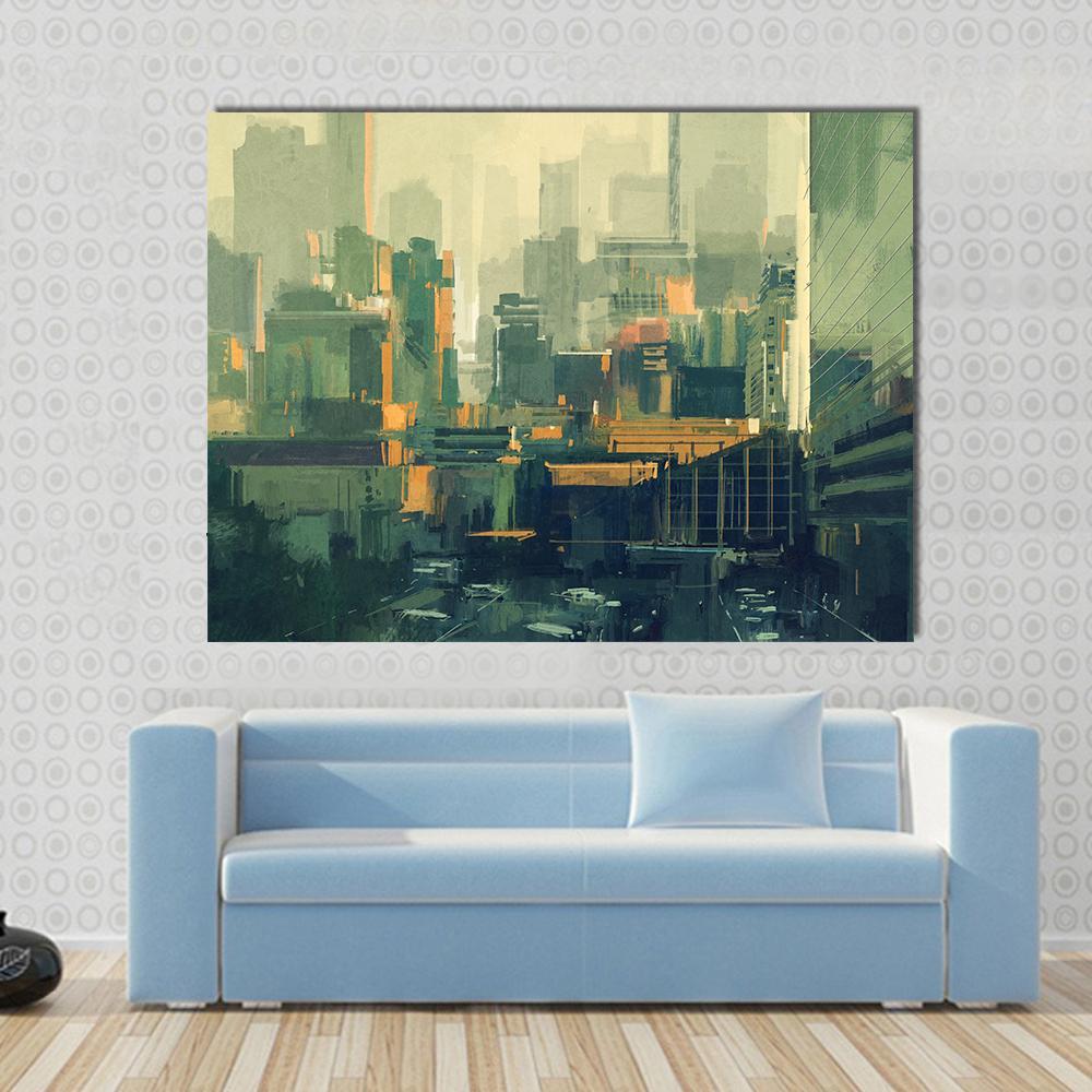 Urban Sky-scrapers at Sunset Canvas Wall Art in orange, yellow and green, single panel hung on a wall