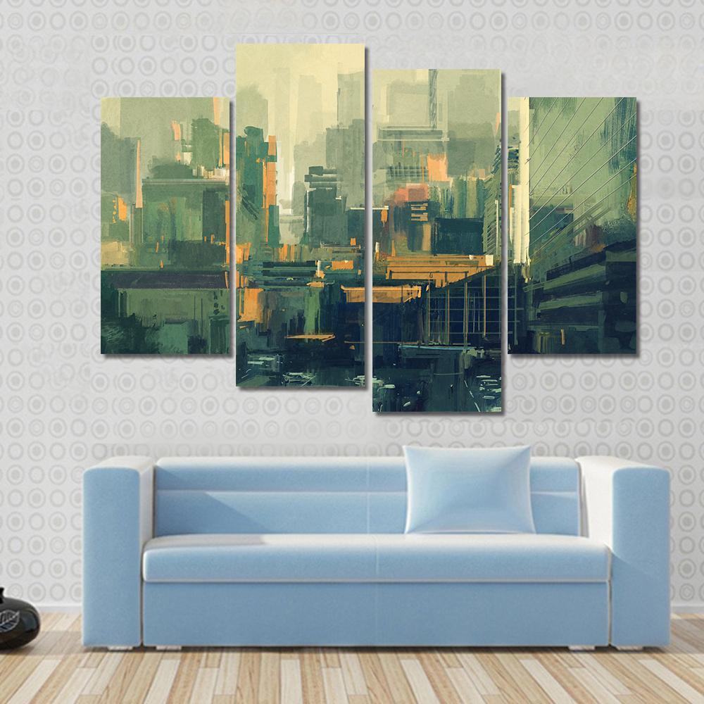 Urban Sky-Scrapers At Sunset Canvas Wall Art-4 Pop-Gallery Wrap-50&quot; x 32&quot;-Tiaracle