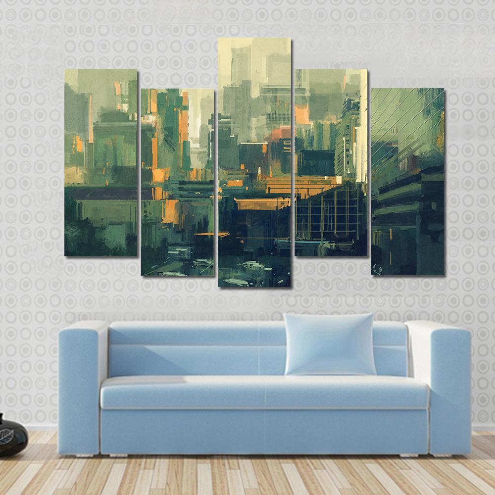 Urban Sky-Scrapers At Sunset Canvas Wall Art-5 Pop-Gallery Wrap-47&quot; x 32&quot;-Tiaracle