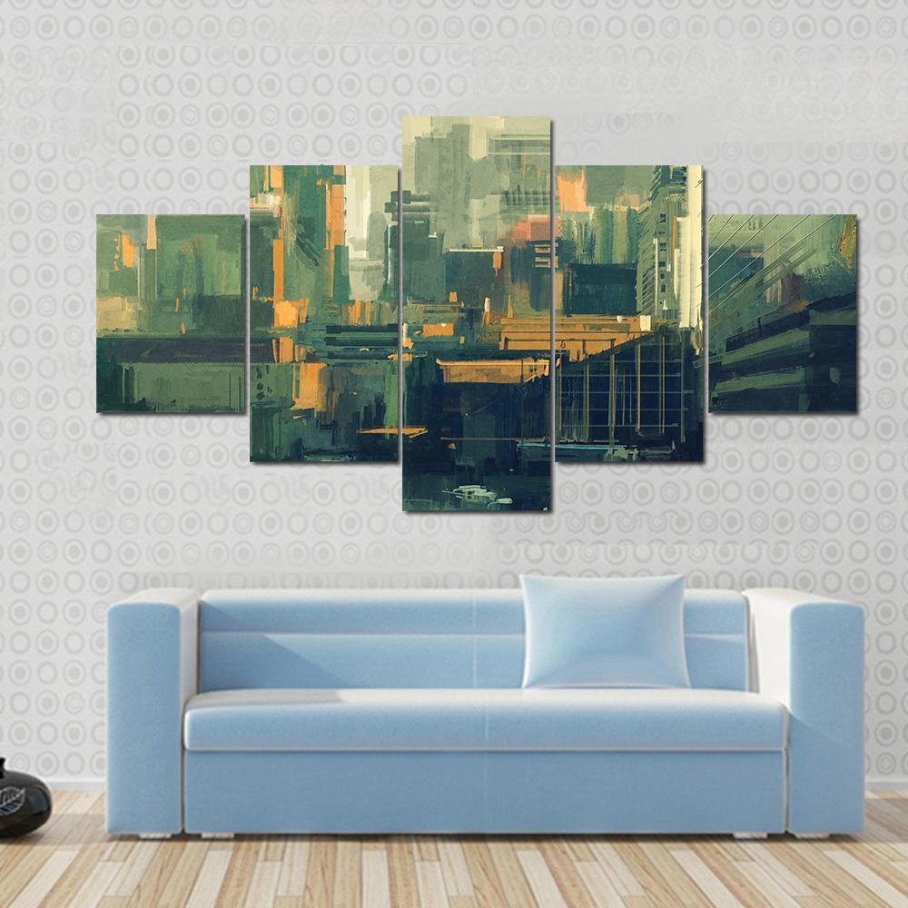 Urban Sky-Scrapers At Sunset Canvas Wall Art-5 Pop-Gallery Wrap-47" x 32"-Tiaracle