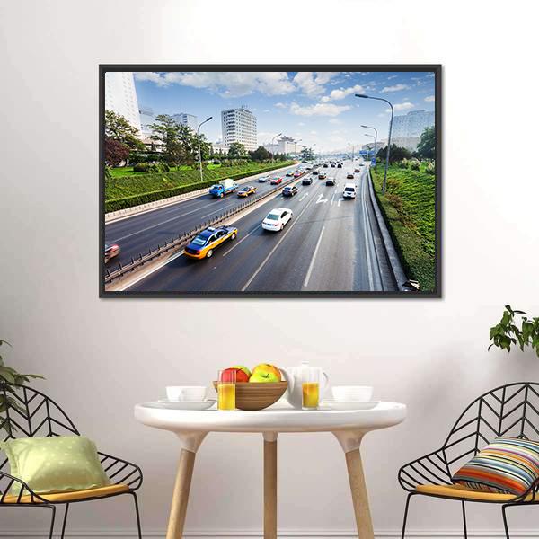 Civil Traffic In City Canvas Wall Art-1 Piece-Floating Frame-24" x 16"-Tiaracle