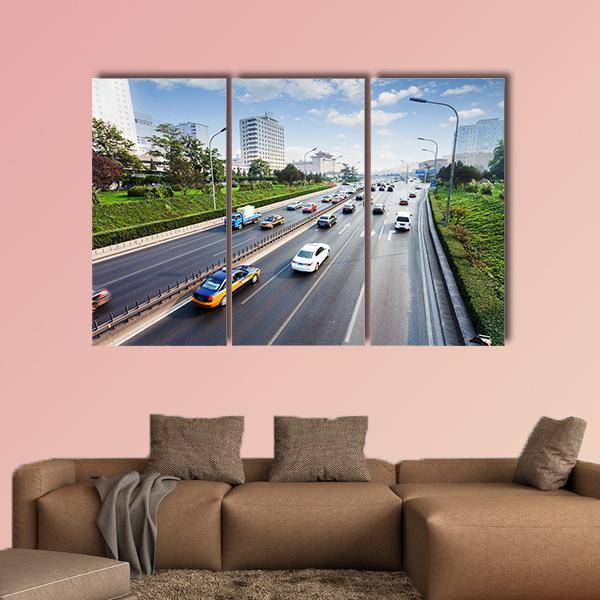 Civil Traffic In City Canvas Wall Art-3 Horizontal-Gallery Wrap-37" x 24"-Tiaracle