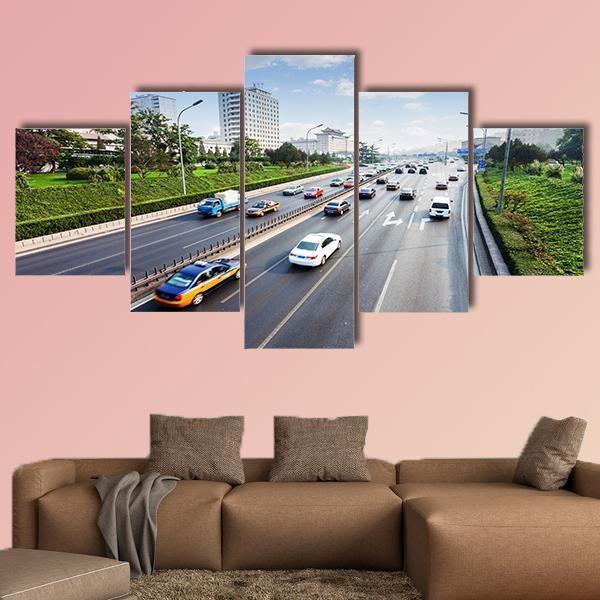 Civil Traffic In City Canvas Wall Art-5 Star-Gallery Wrap-62" x 32"-Tiaracle