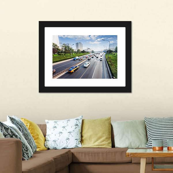 Civil Traffic In City Canvas Wall Art-1 Piece-Framed Print-20" x 16"-Tiaracle