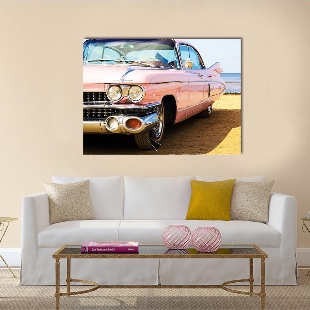 Classic Pink Car Canvas Wall Art in beige, blue and pink, single panel hung on a wall