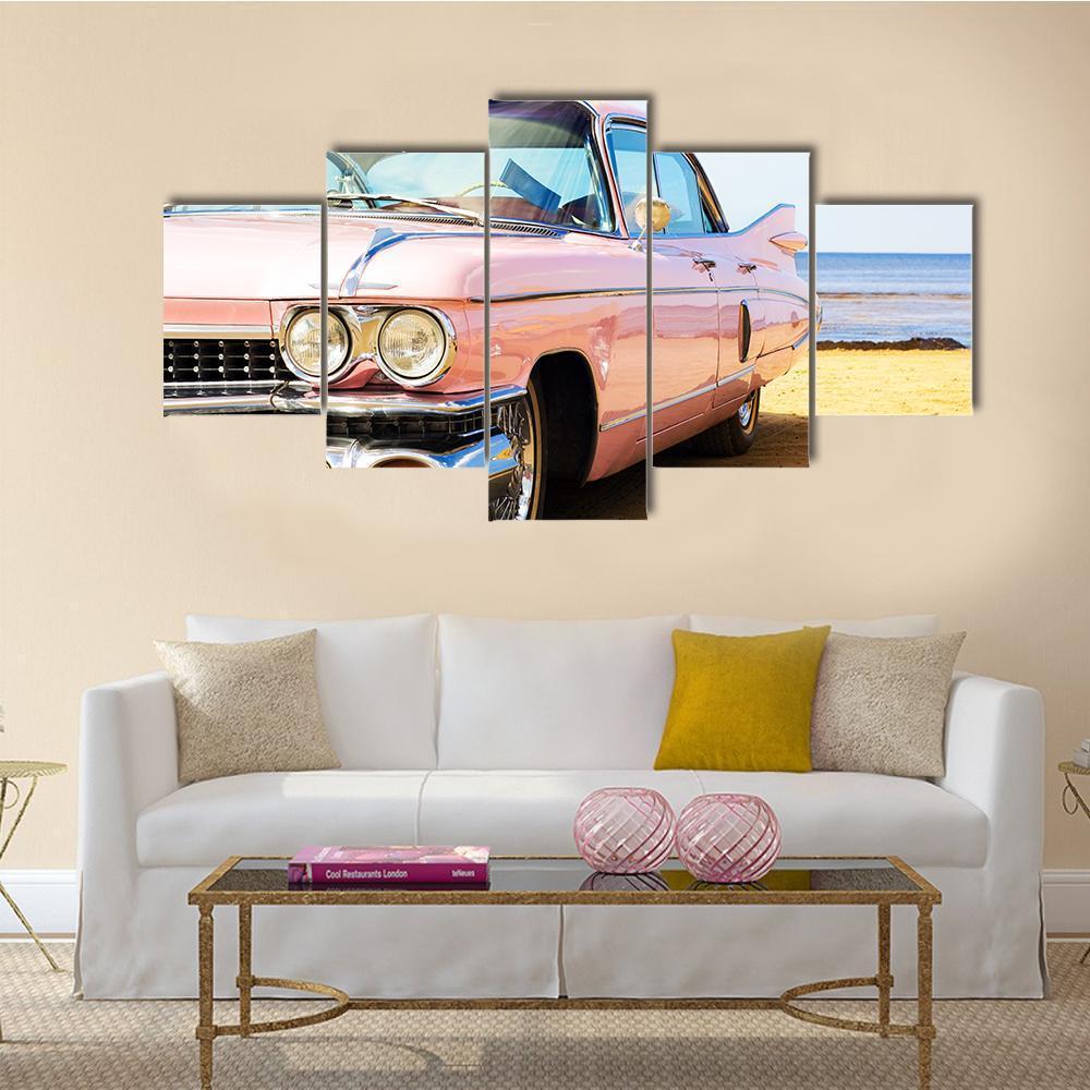 Classic Pink Car Canvas Wall Art-5 Star-Gallery Wrap-62" x 32"-Tiaracle