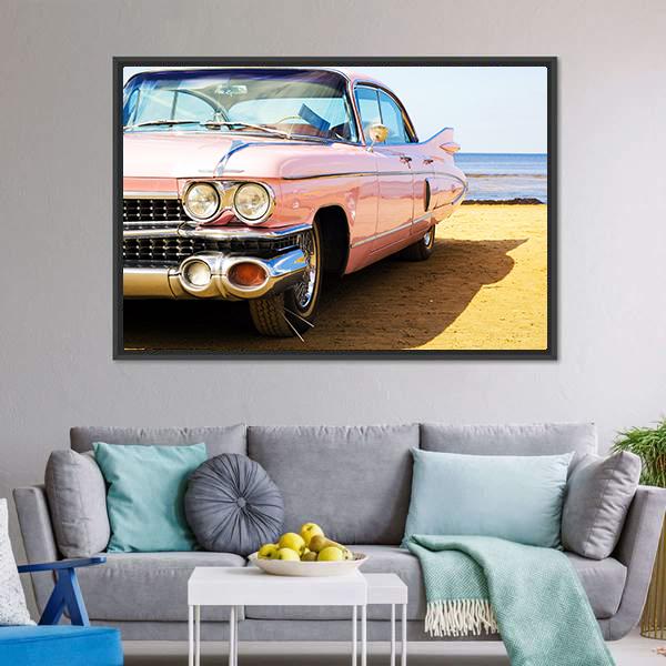 Classic Pink Car Canvas Wall Art-1 Piece-Floating Frame-24" x 16"-Tiaracle