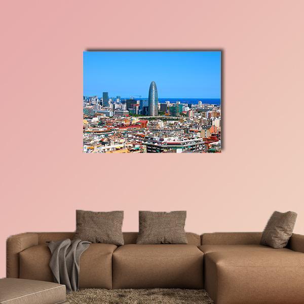 Torre Agbar Barcelona Cityscape Canvas Wall Art in blue and multicolor, single panel hung on a wall