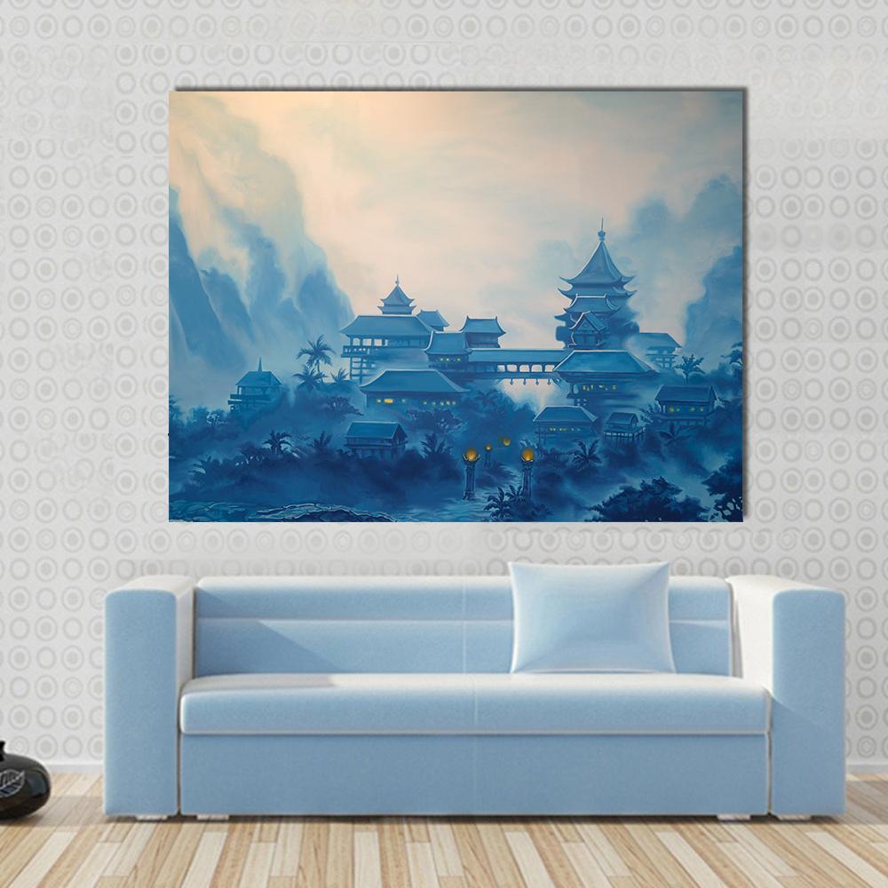 Classical Chinese Landscape Canvas Wall Art in beige, blue and navy, single panel hung on a wall