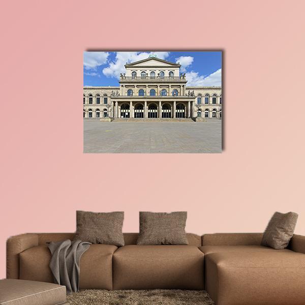 Opera House in Hanover Canvas Wall Art in gray, beige and blue, single panel hung on a wall