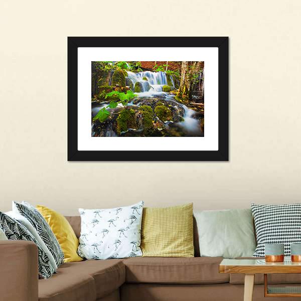 Clear Waterfall In Forest Canvas Wall Art-1 Piece-Framed Print-20" x 16"-Tiaracle