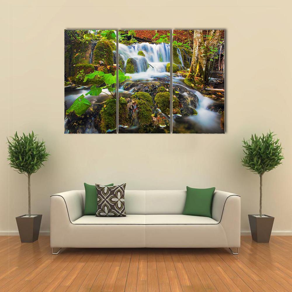 Clear Waterfall In Forest Canvas Wall Art-3 Horizontal-Gallery Wrap-37" x 24"-Tiaracle