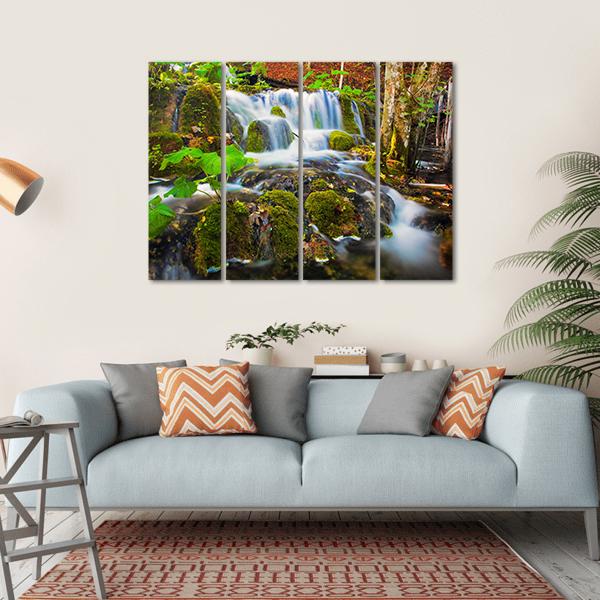 Clear Waterfall In Forest Canvas Wall Art-4 Horizontal-Gallery Wrap-34" x 24"-Tiaracle