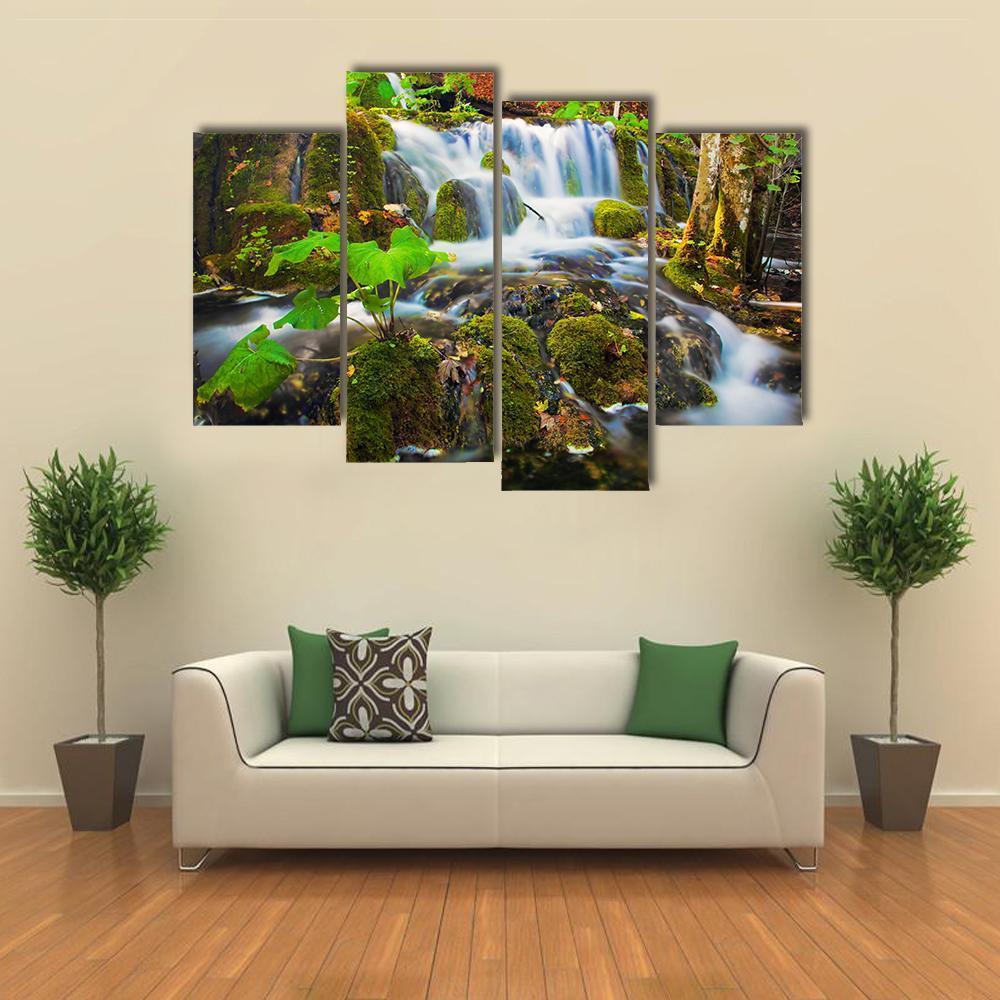 Clear Waterfall In Forest Canvas Wall Art-4 Pop-Gallery Wrap-50" x 32"-Tiaracle