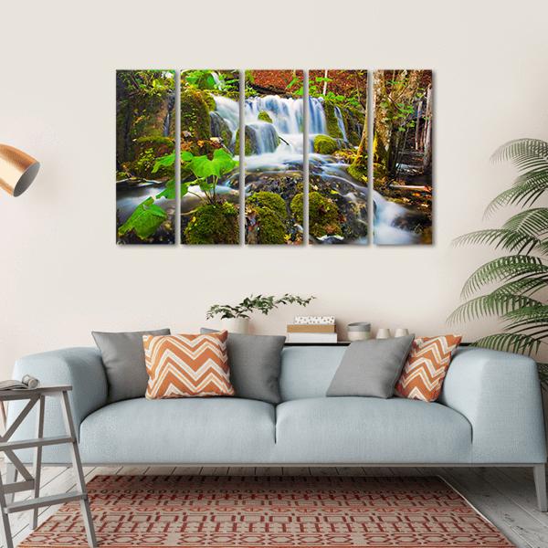 Clear Waterfall In Forest Canvas Wall Art-5 Horizontal-Gallery Wrap-22" x 12"-Tiaracle