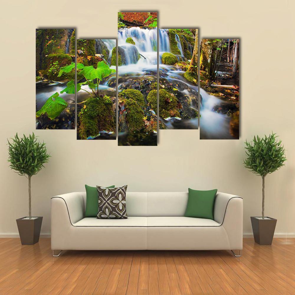 Clear Waterfall In Forest Canvas Wall Art-5 Pop-Gallery Wrap-47" x 32"-Tiaracle