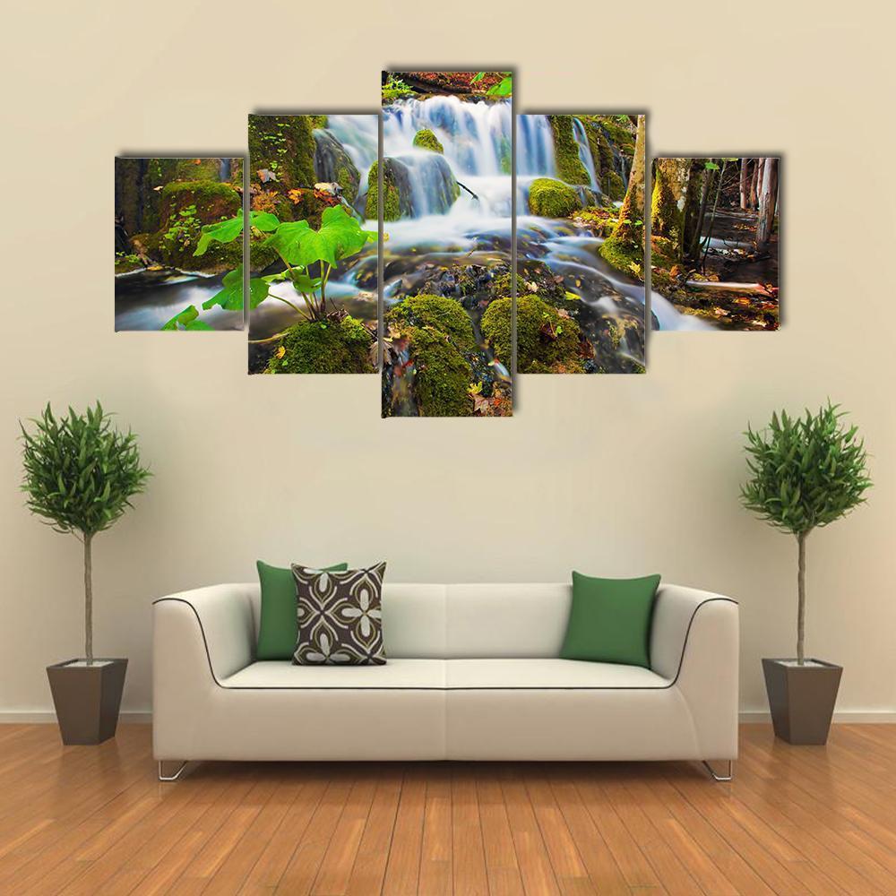 Clear Waterfall In Forest Canvas Wall Art-5 Star-Gallery Wrap-62" x 32"-Tiaracle