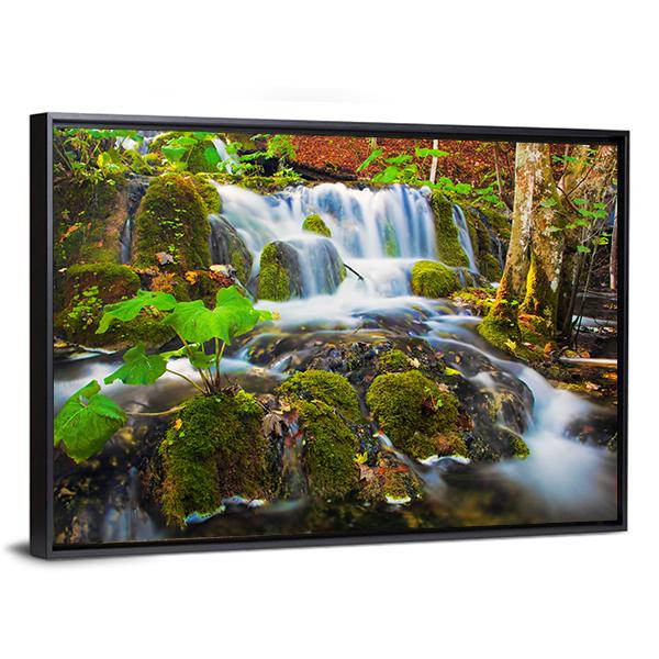 Clear Waterfall In Forest Canvas Wall Art-3 Horizontal-Gallery Wrap-25" x 16"-Tiaracle