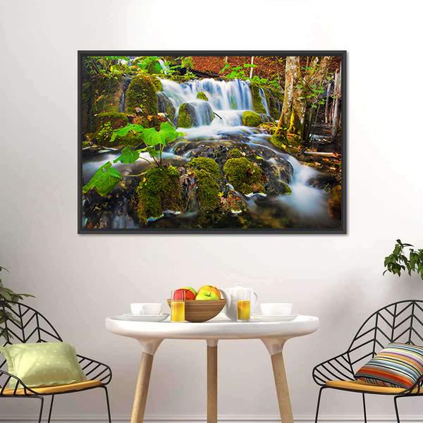 Clear Waterfall In Forest Canvas Wall Art-1 Piece-Floating Frame-24" x 16"-Tiaracle