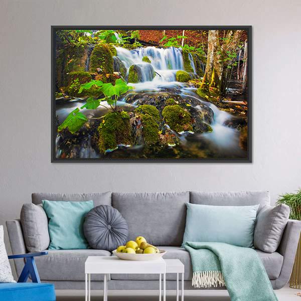 Clear Waterfall In Forest Canvas Wall Art-3 Horizontal-Gallery Wrap-25" x 16"-Tiaracle