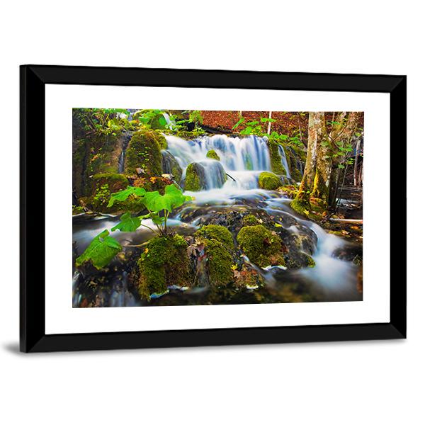 Clear Waterfall In Forest Canvas Wall Art-3 Horizontal-Gallery Wrap-25" x 16"-Tiaracle