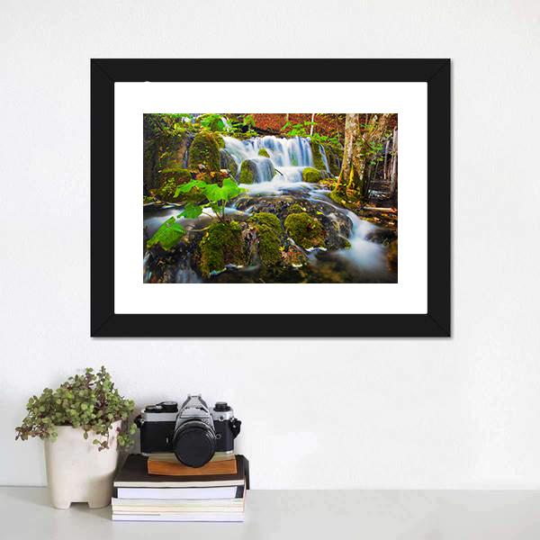 Clear Waterfall In Forest Canvas Wall Art-3 Horizontal-Gallery Wrap-25" x 16"-Tiaracle