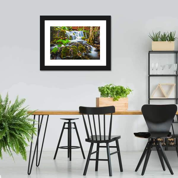 Clear Waterfall In Forest Canvas Wall Art-3 Horizontal-Gallery Wrap-25" x 16"-Tiaracle