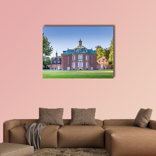 Clemenswerth Palace Canvas Wall Art in brown, green and blue, single panel hung on a wall
