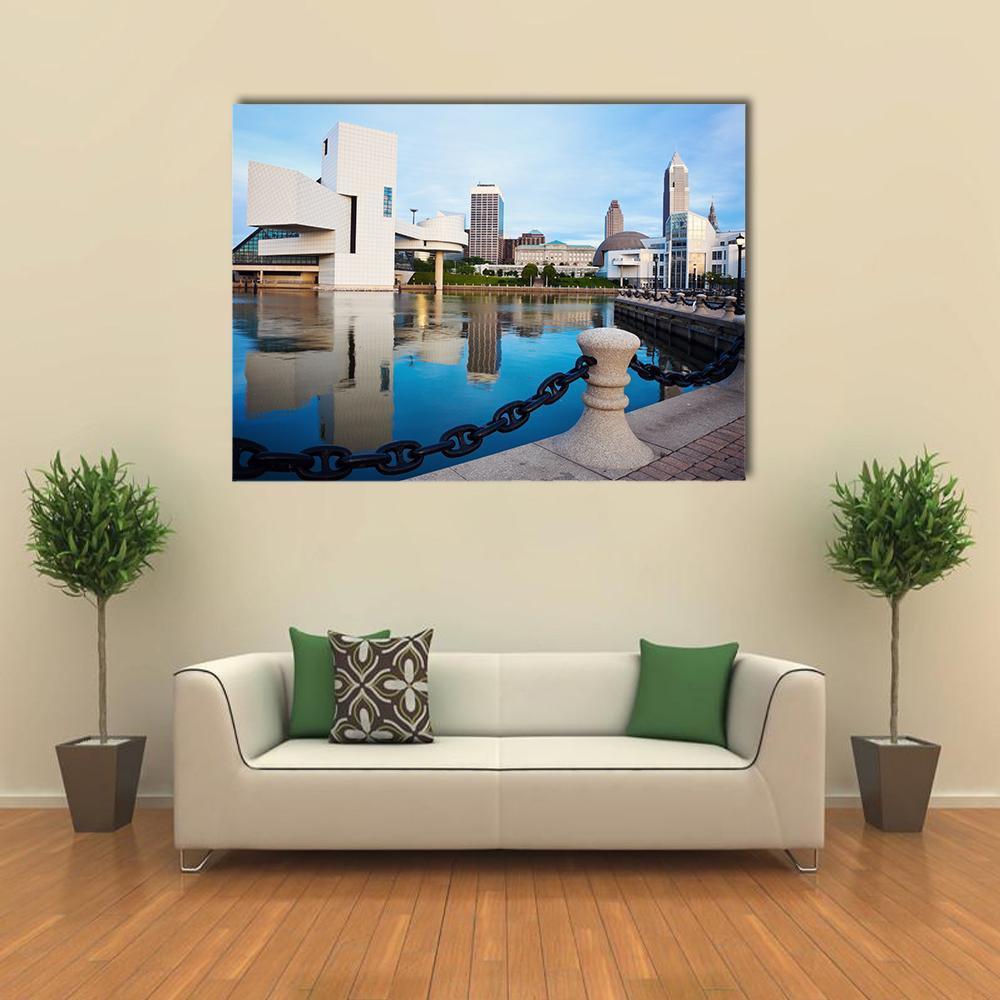Cleveland Skyline with Rock and Roll Hall of Fame Canvas Wall Art in white, gray and blue, single panel hung on a wall