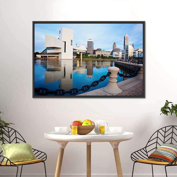 Cleveland Skyline with Rock and Roll Hall of Fame Canvas Wall Art in white, gray and blue, framed canvas, product view on a white background