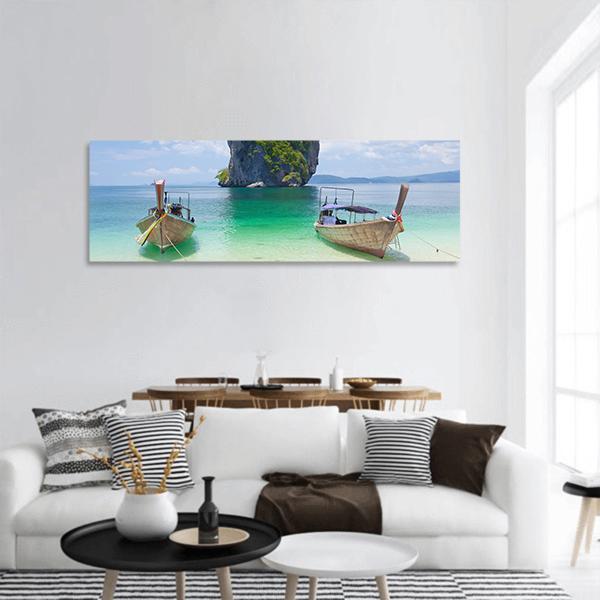 Cliff And Boats Thailand Panoramic Canvas Wall Art-3 Piece-25" x 08"-Tiaracle