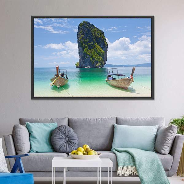 Cliff And Boats Thailand Canvas Wall Art-5 Horizontal-Gallery Wrap-22" x 12"-Tiaracle