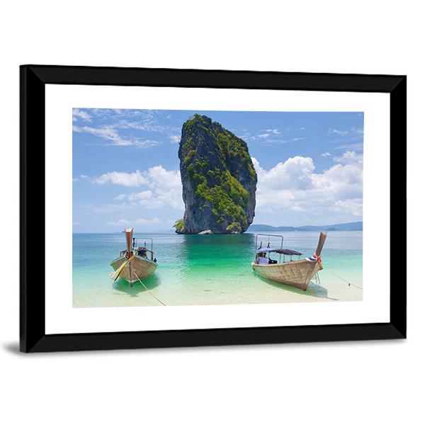Cliff And Boats Thailand Canvas Wall Art-5 Horizontal-Gallery Wrap-22" x 12"-Tiaracle