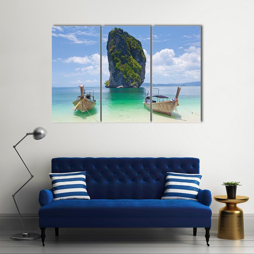 Cliff And Boats Thailand Canvas Wall Art-3 Horizontal-Gallery Wrap-37" x 24"-Tiaracle