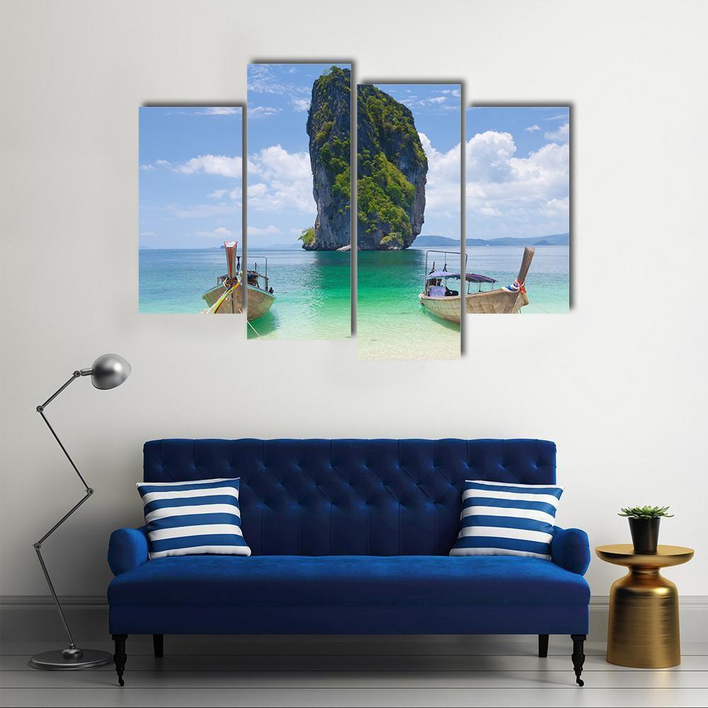Cliff And Boats Thailand Canvas Wall Art-4 Pop-Gallery Wrap-50" x 32"-Tiaracle