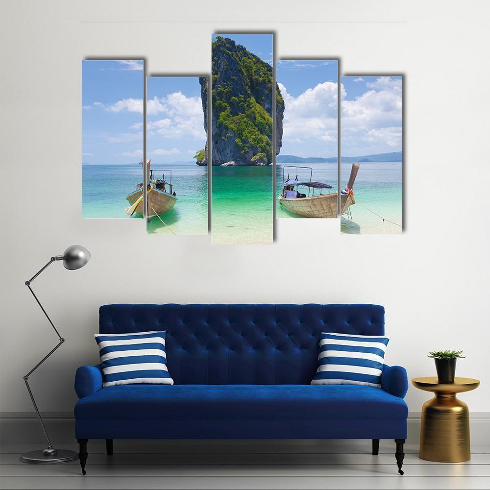 Cliff And Boats Thailand Canvas Wall Art-5 Pop-Gallery Wrap-47" x 32"-Tiaracle