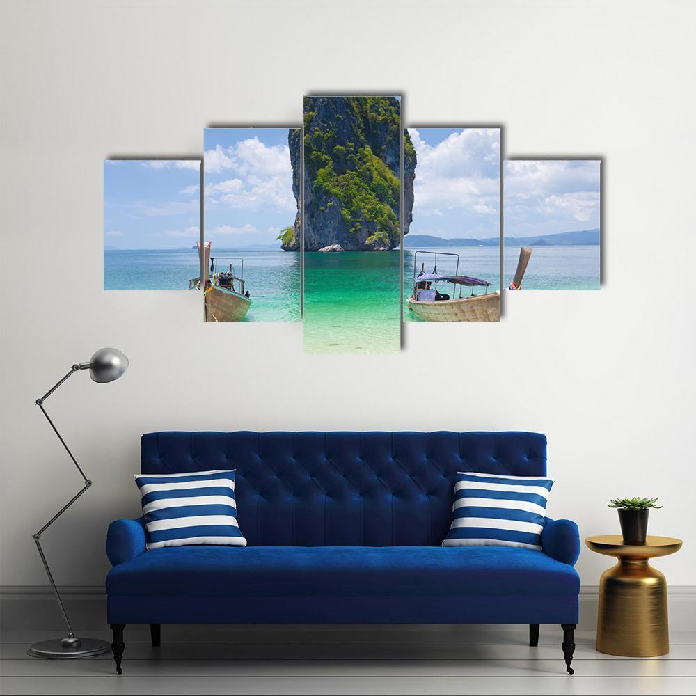 Cliff And Boats Thailand Canvas Wall Art-5 Star-Gallery Wrap-62" x 32"-Tiaracle