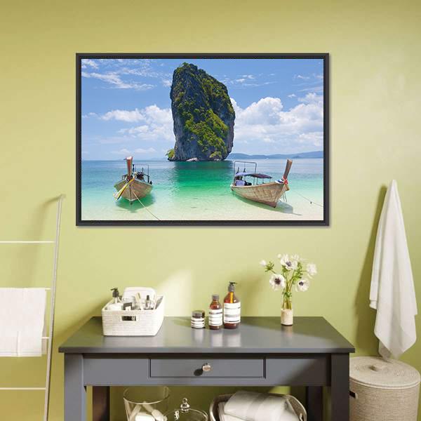 Cliff And Boats Thailand Canvas Wall Art-3 Horizontal-Gallery Wrap-25" x 16"-Tiaracle