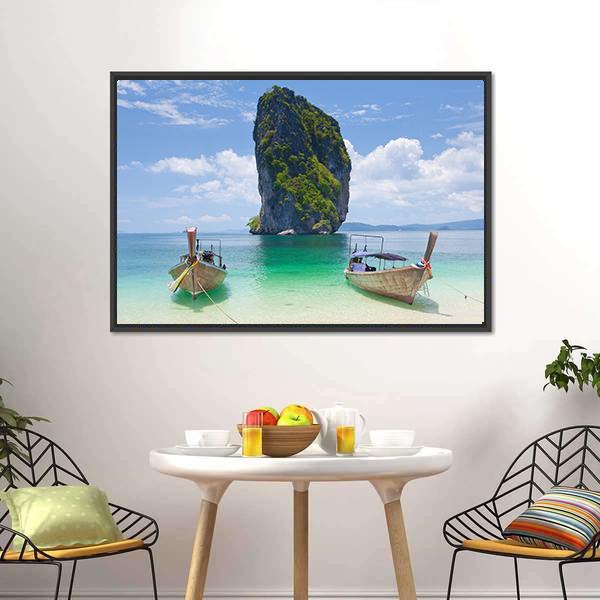 Cliff And Boats Thailand Canvas Wall Art-1 Piece-Floating Frame-24" x 16"-Tiaracle